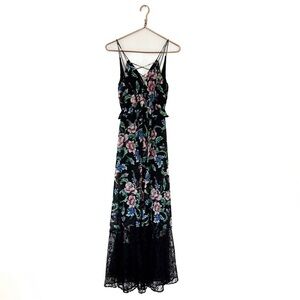 Express Womens 0 Black Floral Strappy Lace Slip Midi Dress Boho Peasant